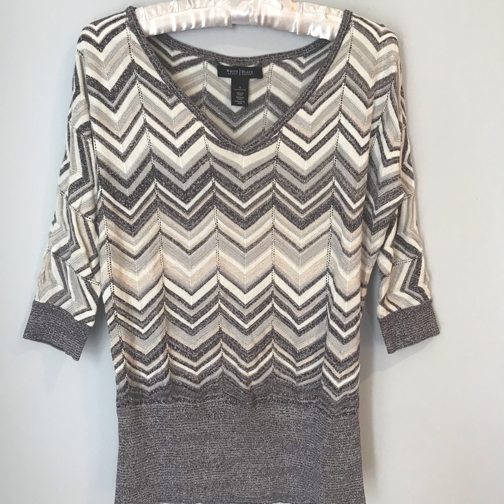 WHBM V-Neck Sweater Shimmer Cream Grey Silver S